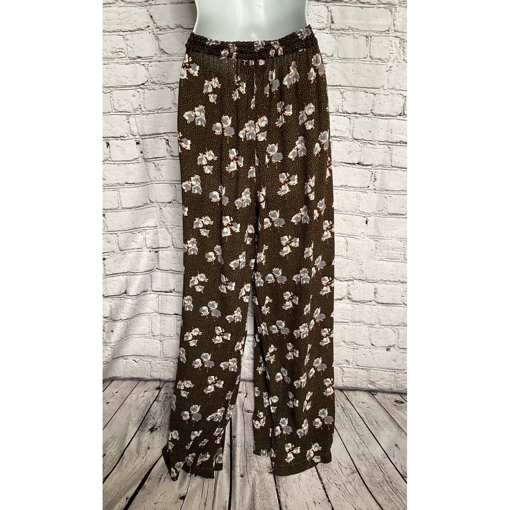 Vintage Free People Floral Polka Dot Wide Leg Pants Brown Rayon Large Boho - Picture 2 of 6
